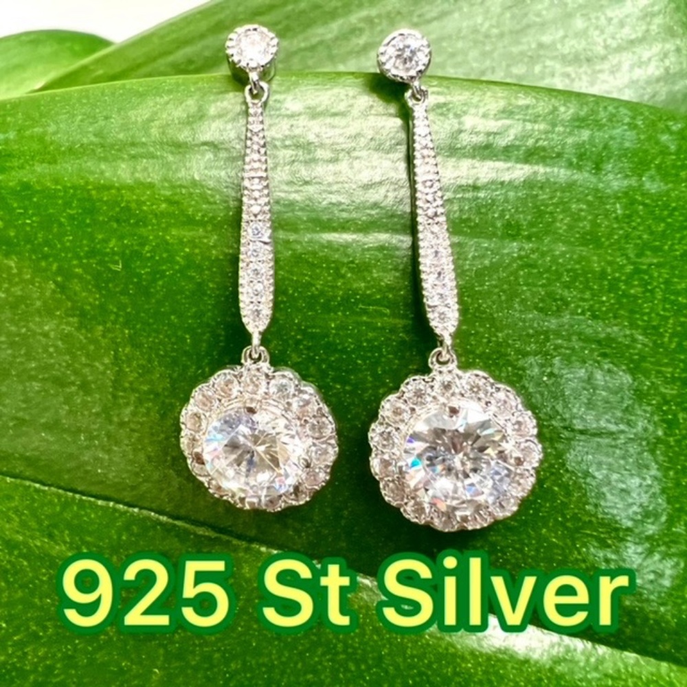 NWT MICHELLE LEE 925 STERLING SILVER CZ HALO DROP WEDDING EARRINGS